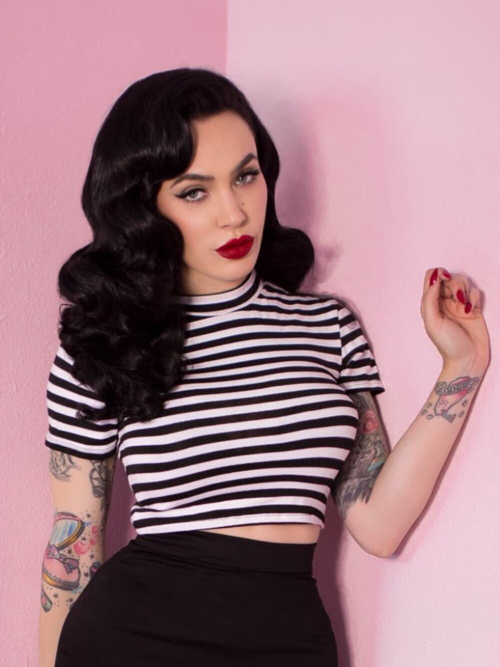 Vixen by Micheline Pitt Bad Girl Crop Top in Black and White Stripe - XS